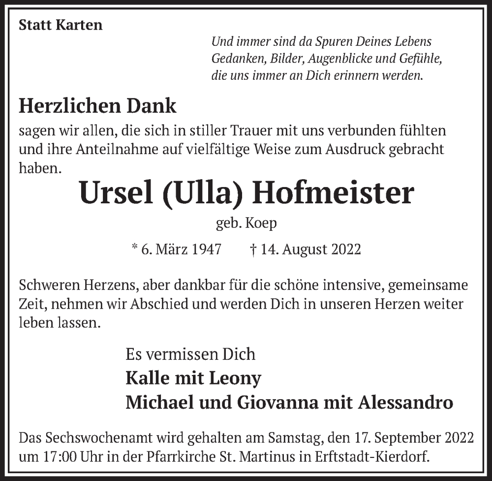  Traueranzeige für Ursel Hofmeister vom 16.09.2022 aus  Werbepost 