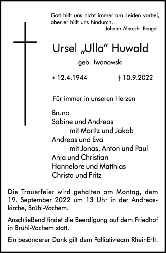 Anzeige von Ursel Huwald von  Schlossbote/Werbekurier 