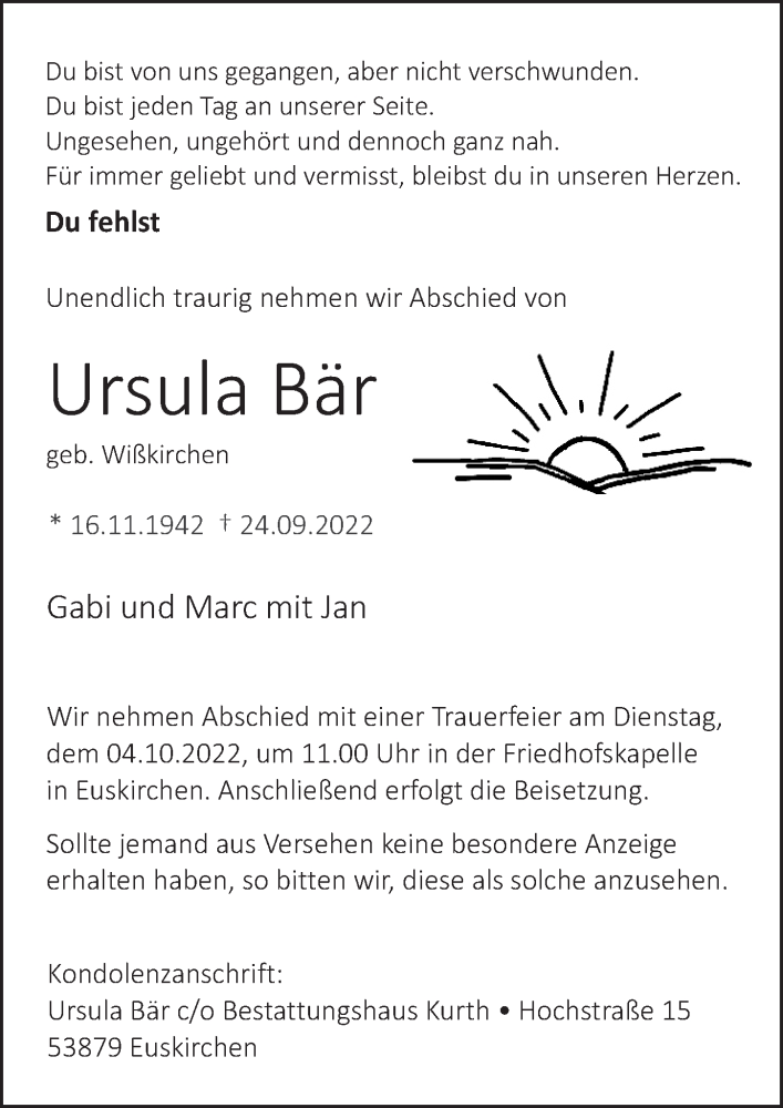  Traueranzeige für Ursula Bär vom 01.10.2022 aus  Blickpunkt Euskirchen 