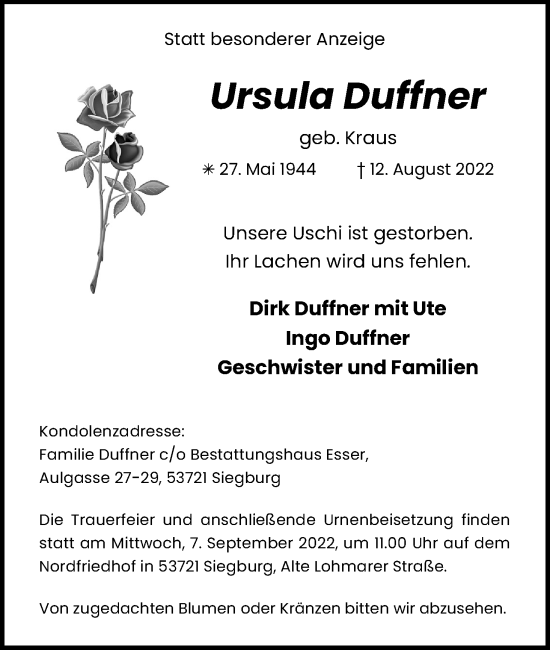 Anzeige von Ursula Duffner von Kölner Stadt-Anzeiger / Kölnische Rundschau / Express