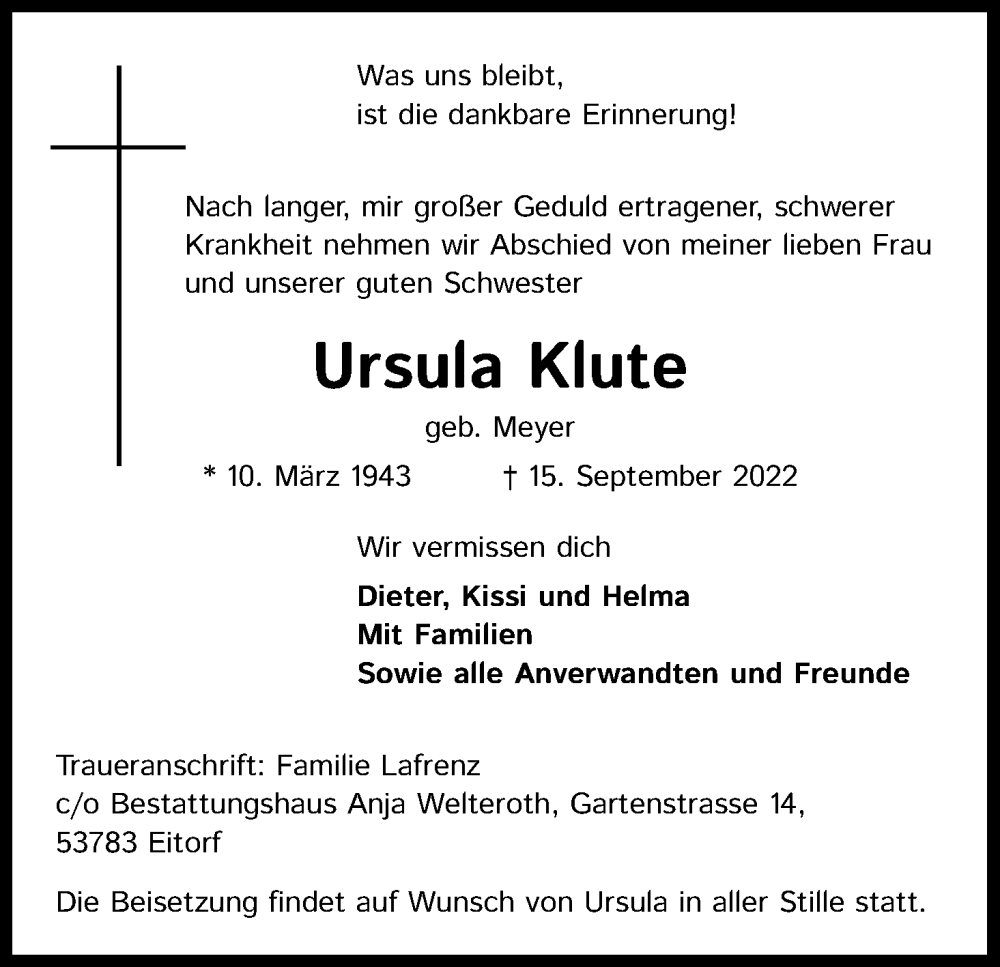  Traueranzeige für Ursula Klute vom 17.09.2022 aus Kölner Stadt-Anzeiger / Kölnische Rundschau / Express
