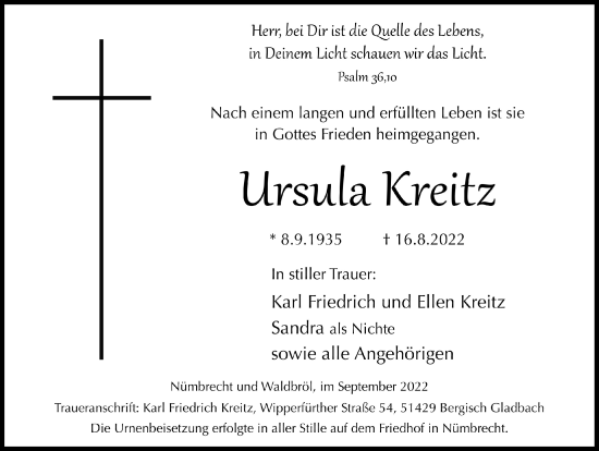 Anzeige von Ursula Kreitz von  Bergisches Handelsblatt  Lokalanzeiger 