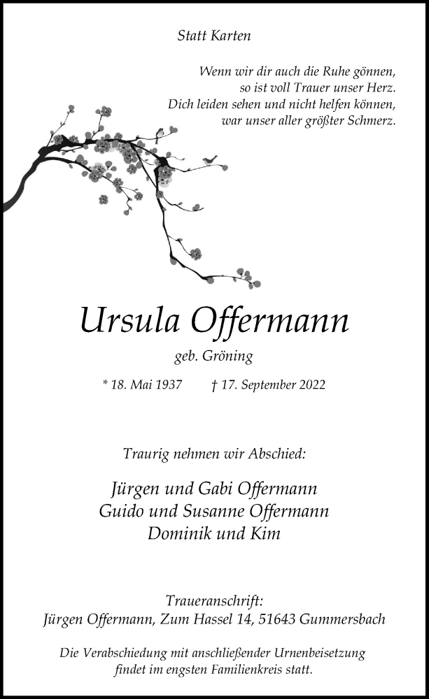 Traueranzeige für Ursula Offermann vom 23.09.2022 aus  Anzeigen Echo 