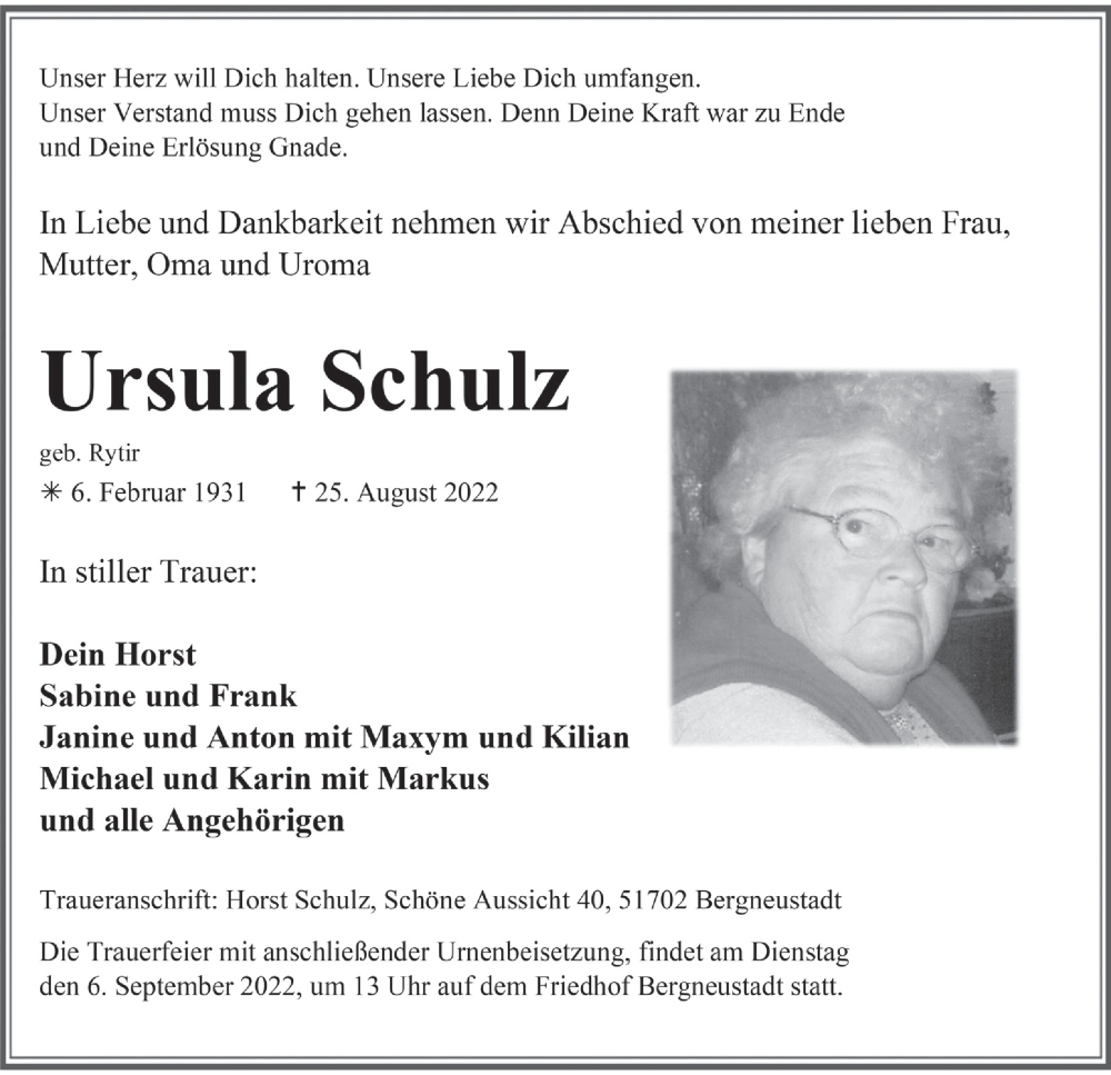  Traueranzeige für Ursula Schulz vom 02.09.2022 aus  Anzeigen Echo 