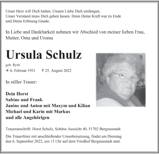 Anzeige von Ursula Schulz von  Anzeigen Echo 