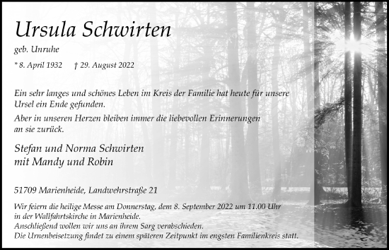 Anzeige von Ursula Schwirten von  Anzeigen Echo 