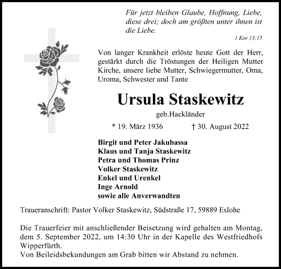 Anzeige von Ursula Staskewitz von Kölner Stadt-Anzeiger / Kölnische Rundschau / Express