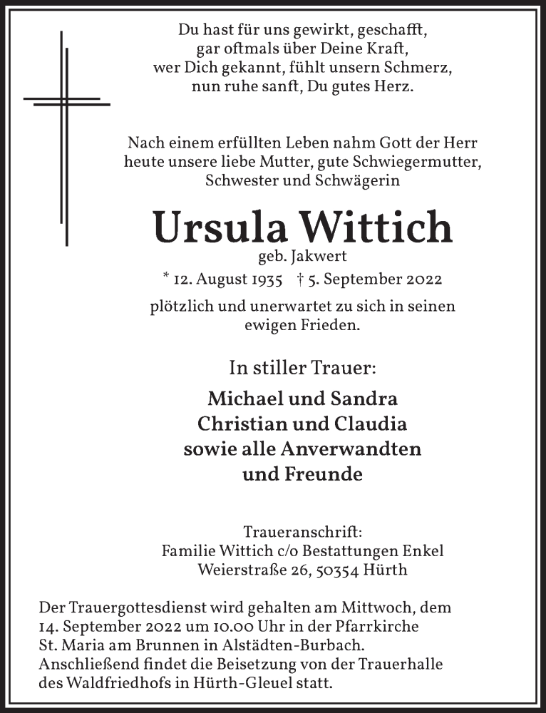  Traueranzeige für Ursula Wittich vom 09.09.2022 aus  Wochenende 
