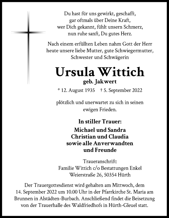 Anzeige von Ursula Wittich von Kölner Stadt-Anzeiger / Kölnische Rundschau / Express