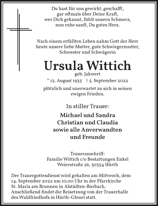 Anzeige von Ursula Wittich von  Wochenende 