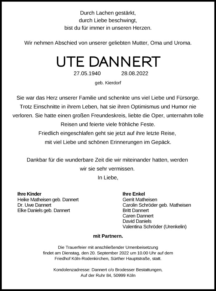  Traueranzeige für Ute Dannert vom 10.09.2022 aus Kölner Stadt-Anzeiger / Kölnische Rundschau / Express