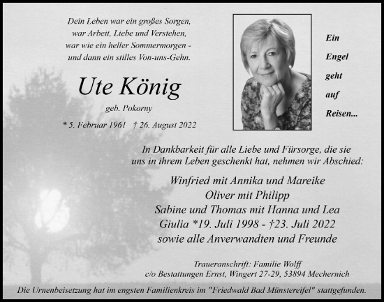 Anzeige von Ute König von  Blickpunkt Euskirchen 