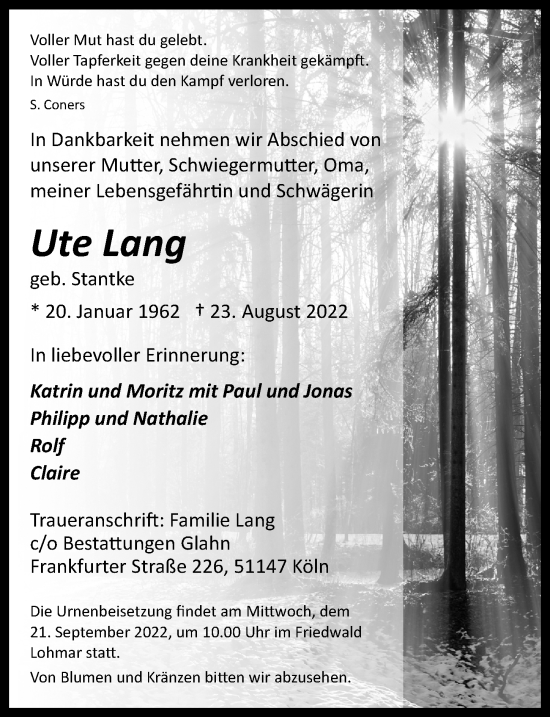 Anzeige von Ute Lang von  EXPRESS - Die Woche 