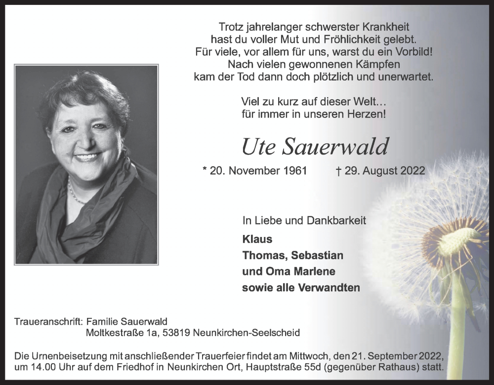  Traueranzeige für Ute Sauerwald vom 10.09.2022 aus Kölner Stadt-Anzeiger / Kölnische Rundschau / Express