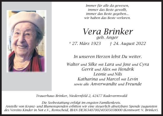 Anzeige von Vera Brinker von Kölner Stadt-Anzeiger / Kölnische Rundschau / Express