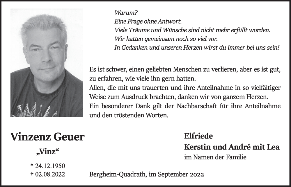  Traueranzeige für Vinzenz Geuer vom 16.09.2022 aus  Werbepost 