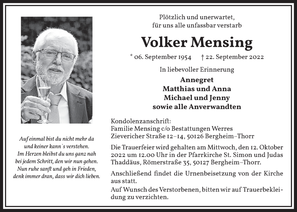  Traueranzeige für Volker Mensing vom 30.09.2022 aus  Werbepost 