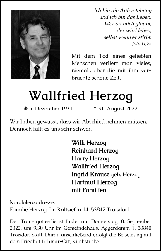 Anzeige von Wallfried Herzog von Kölner Stadt-Anzeiger / Kölnische Rundschau / Express