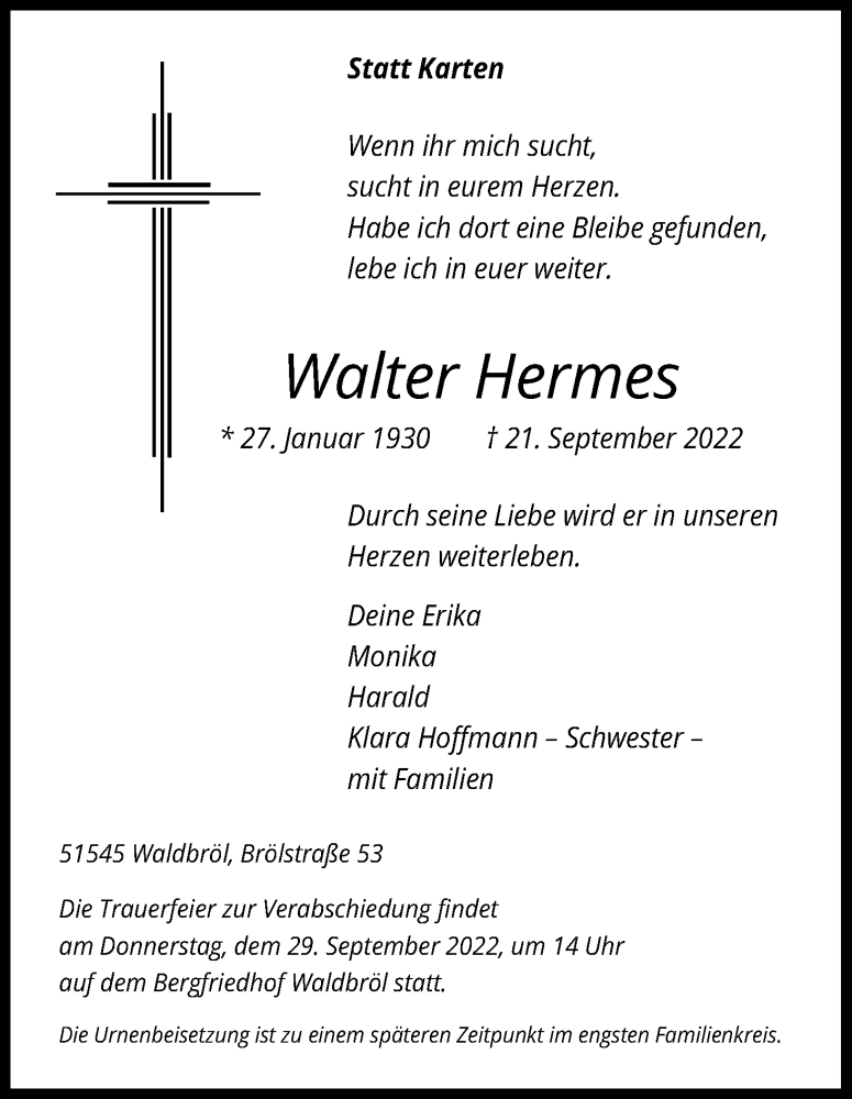  Traueranzeige für Walter Hermes vom 26.09.2022 aus Kölner Stadt-Anzeiger / Kölnische Rundschau / Express