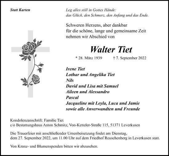 Anzeige von Walter Tiet von Kölner Stadt-Anzeiger / Kölnische Rundschau / Express