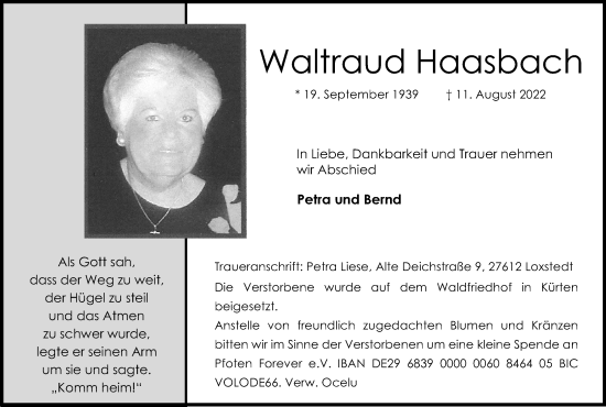 Anzeige von Waltraud Haasbach von Kölner Stadt-Anzeiger / Kölnische Rundschau / Express
