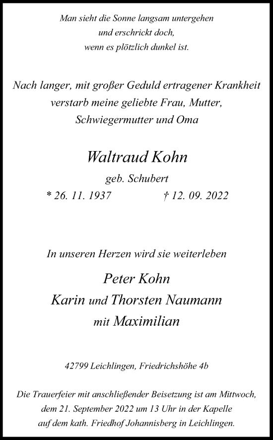 Anzeige von Waltraud Kohn von Kölner Stadt-Anzeiger / Kölnische Rundschau / Express
