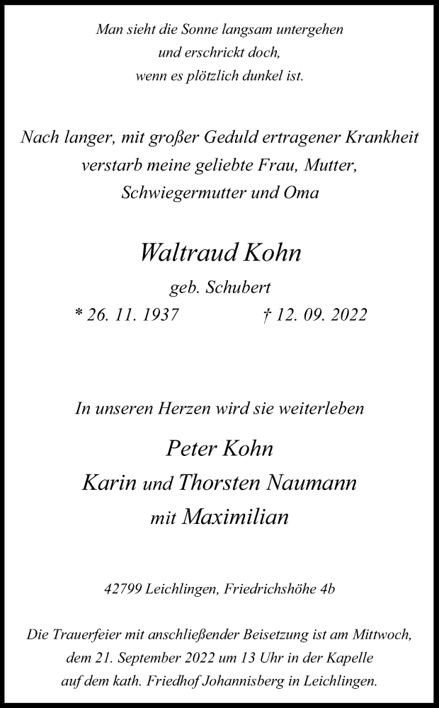  Traueranzeige für Waltraud Kohn vom 20.09.2022 aus Kölner Stadt-Anzeiger / Kölnische Rundschau / Express