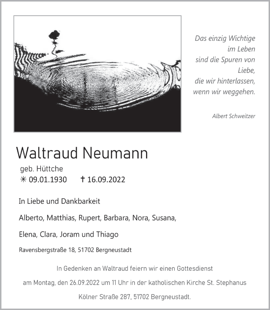  Traueranzeige für Waltraud Neumann vom 23.09.2022 aus  Anzeigen Echo 