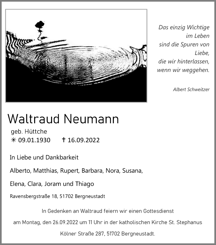  Traueranzeige für Waltraud Neumann vom 23.09.2022 aus Kölner Stadt-Anzeiger / Kölnische Rundschau / Express