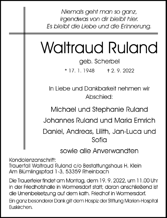 Anzeige von Waltraud Ruland von  Schaufenster/Blickpunkt 