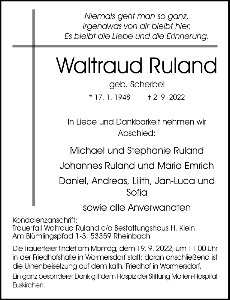  Traueranzeige für Waltraud Ruland vom 09.09.2022 aus  Schaufenster/Blickpunkt 