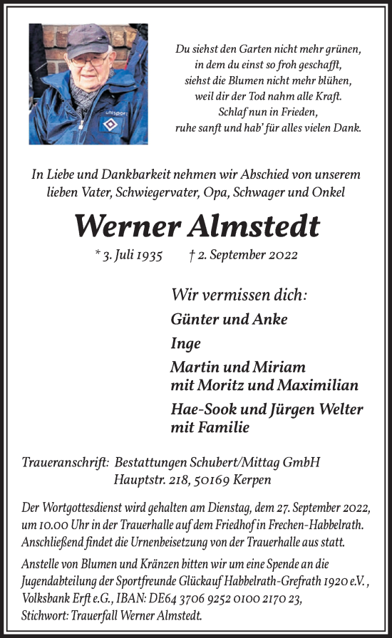 Anzeige von Werner Almstedt von  Wochenende 