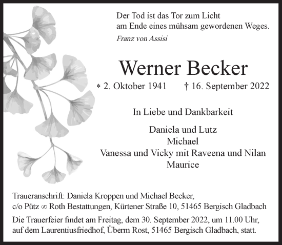 Anzeige von Werner Becker von  Bergisches Handelsblatt 