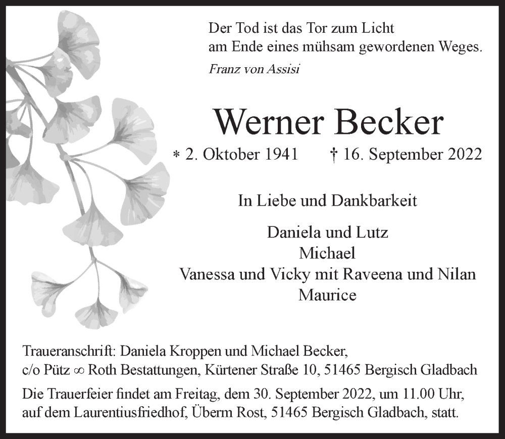  Traueranzeige für Werner Becker vom 23.09.2022 aus  Bergisches Handelsblatt 
