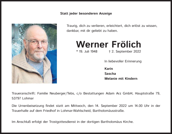 Anzeige von Werner Frölich von Kölner Stadt-Anzeiger / Kölnische Rundschau / Express