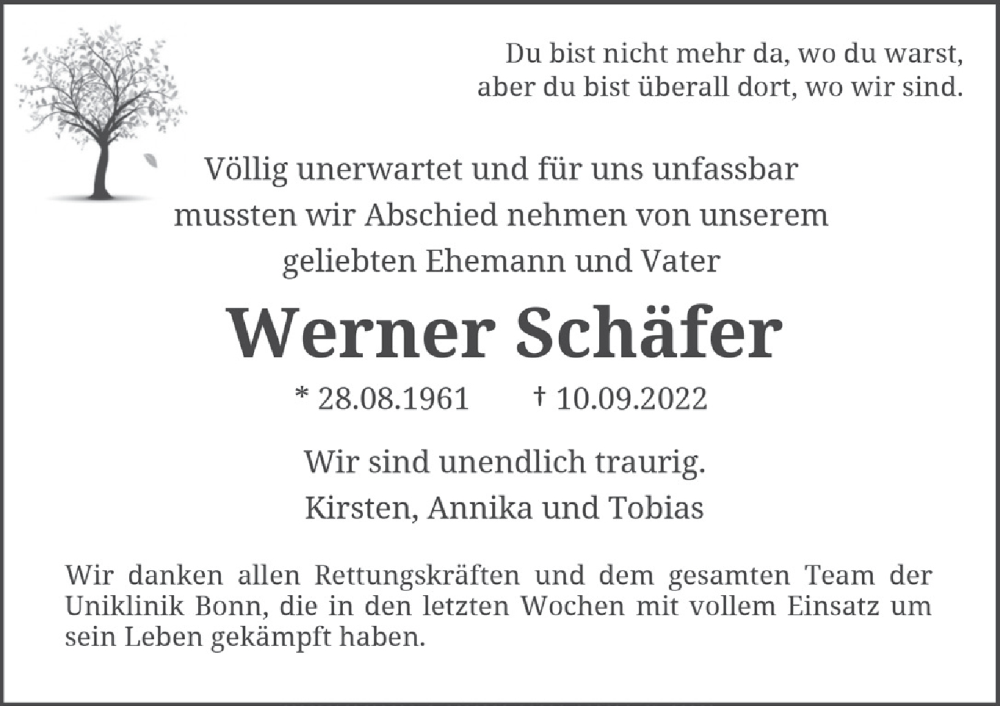  Traueranzeige für Werner Schäfer vom 23.09.2022 aus  Extra Blatt 