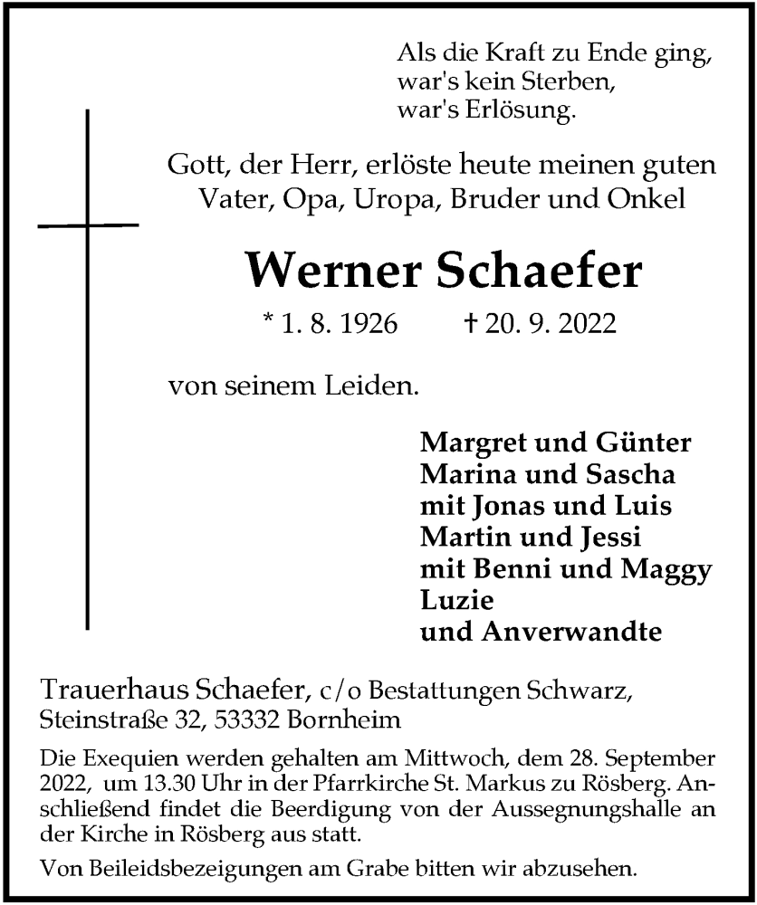  Traueranzeige für Werner Schaefer vom 23.09.2022 aus  Schaufenster/Blickpunkt  Schlossbote/Werbekurier 
