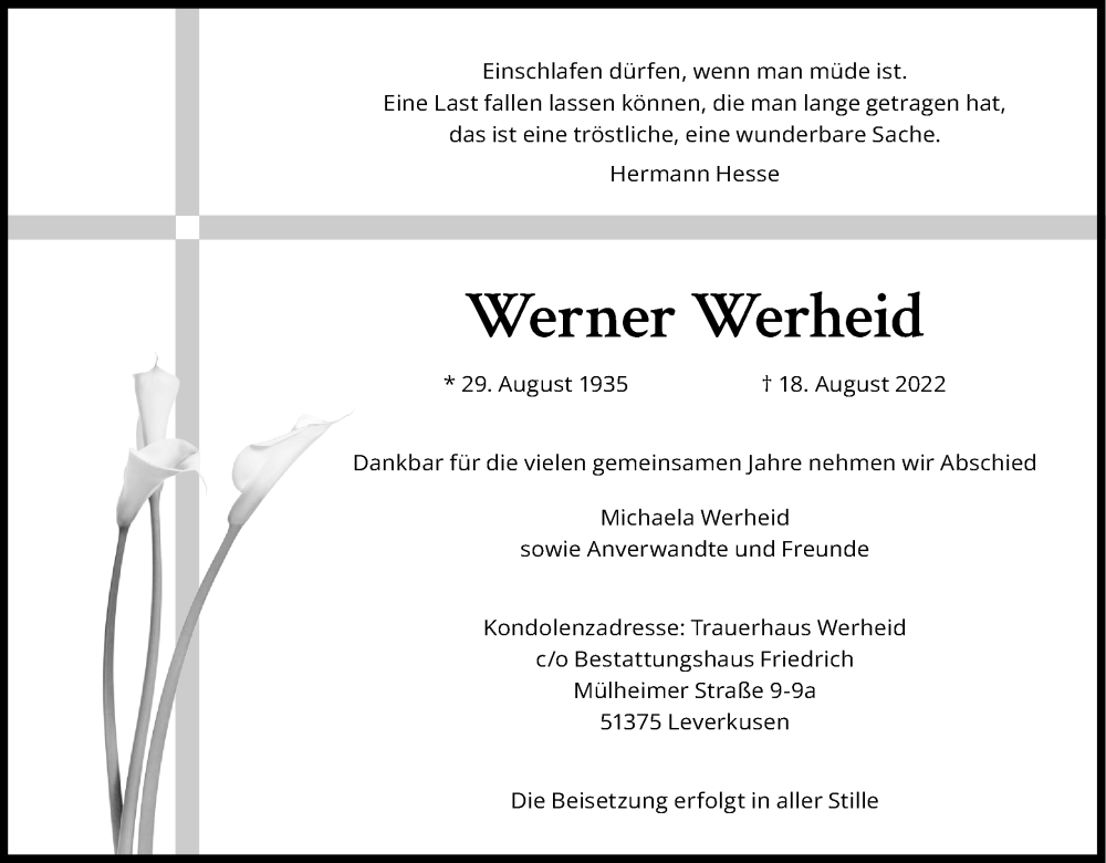  Traueranzeige für Werner Werheid vom 03.09.2022 aus Kölner Stadt-Anzeiger / Kölnische Rundschau / Express