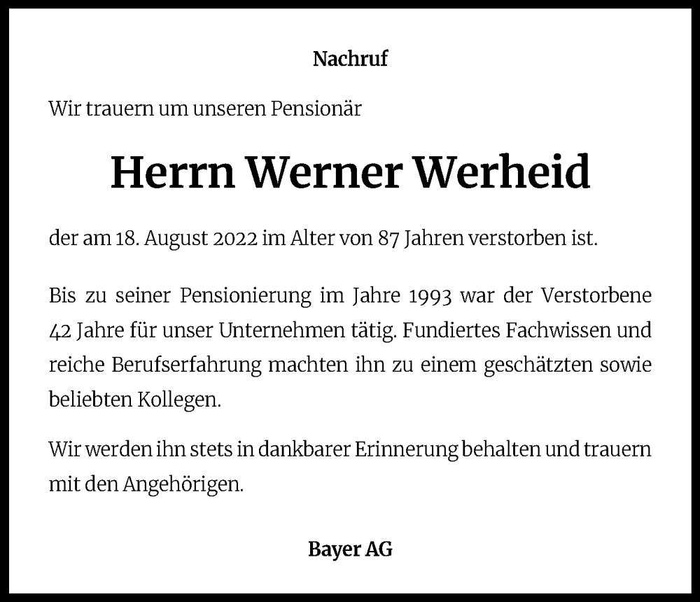  Traueranzeige für Werner Werheid vom 23.09.2022 aus Kölner Stadt-Anzeiger / Kölnische Rundschau / Express