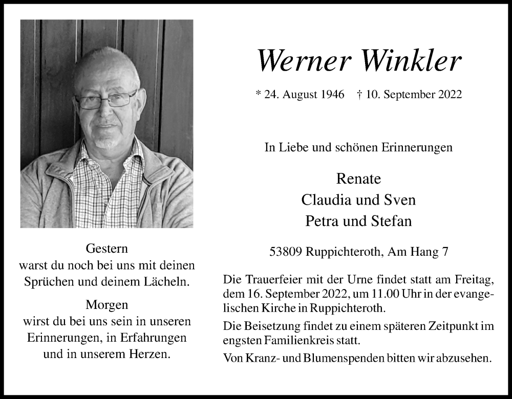  Traueranzeige für Werner Winkler vom 13.09.2022 aus Kölner Stadt-Anzeiger / Kölnische Rundschau / Express