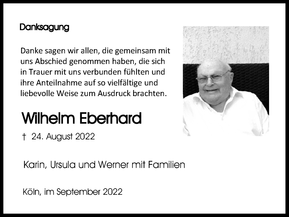  Traueranzeige für Wilhelm Eberhard vom 17.09.2022 aus Kölner Stadt-Anzeiger / Kölnische Rundschau / Express