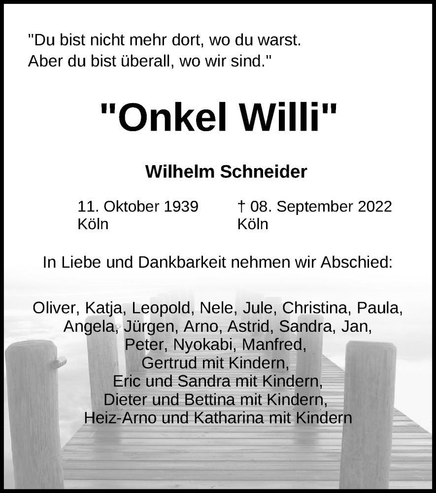  Traueranzeige für Wilhelm Schneider vom 17.09.2022 aus Kölner Stadt-Anzeiger / Kölnische Rundschau / Express