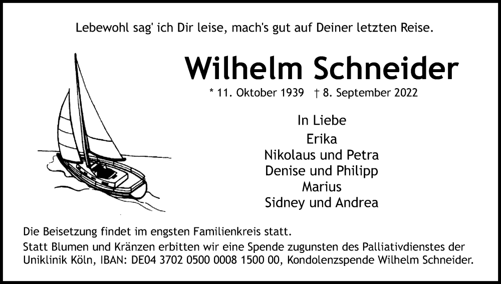  Traueranzeige für Wilhelm Schneider vom 17.09.2022 aus Kölner Stadt-Anzeiger / Kölnische Rundschau / Express