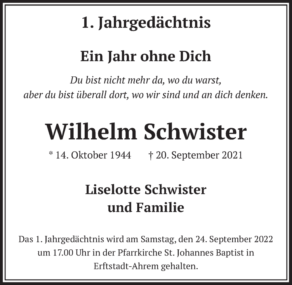  Traueranzeige für Wilhelm Schwister vom 16.09.2022 aus  Werbepost 