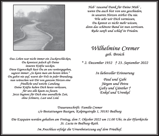 Anzeige von Wilhelmine Cremer von  Werbepost 