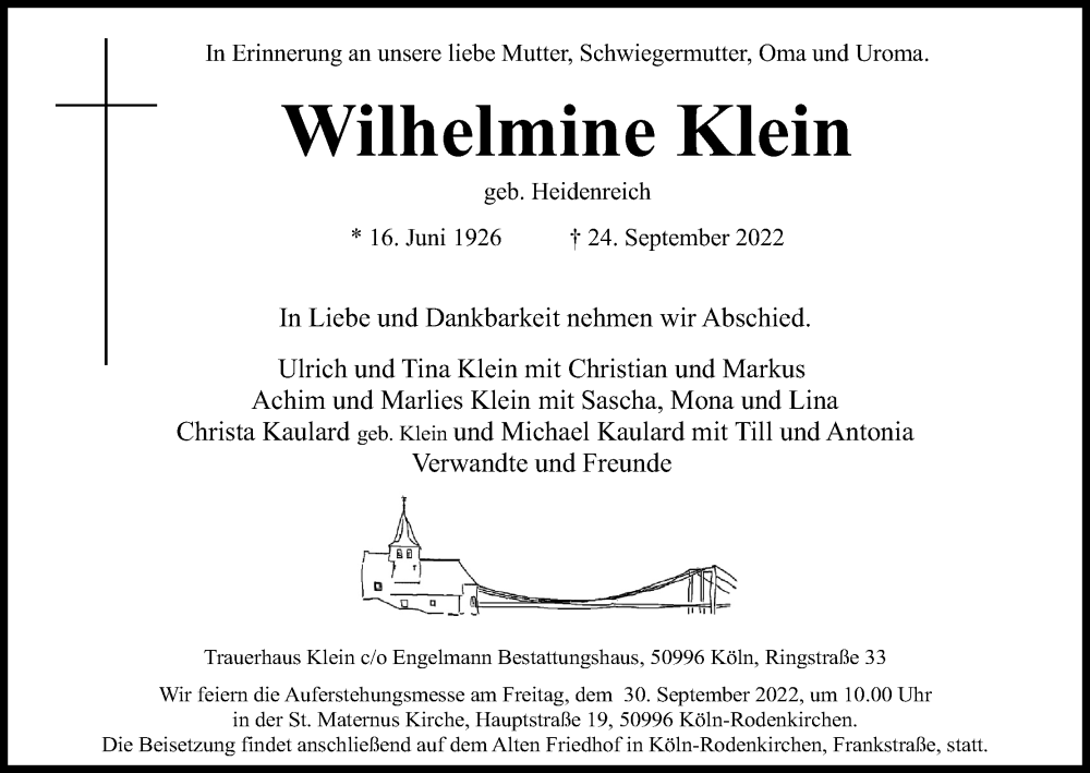  Traueranzeige für Wilhelmine Klein vom 28.09.2022 aus Kölner Stadt-Anzeiger / Kölnische Rundschau / Express