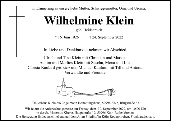 Anzeige von Wilhelmine Klein von Kölner Stadt-Anzeiger / Kölnische Rundschau / Express