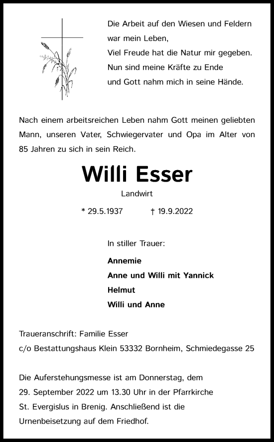 Anzeige von Willi Esser von Kölner Stadt-Anzeiger / Kölnische Rundschau / Express