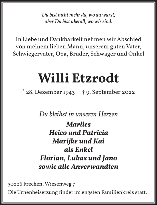 Anzeige von Willi Etzrodt von  Wochenende 