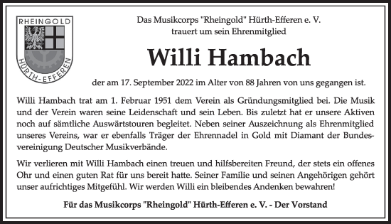 Anzeige von Willi Hambach von  Wochenende 